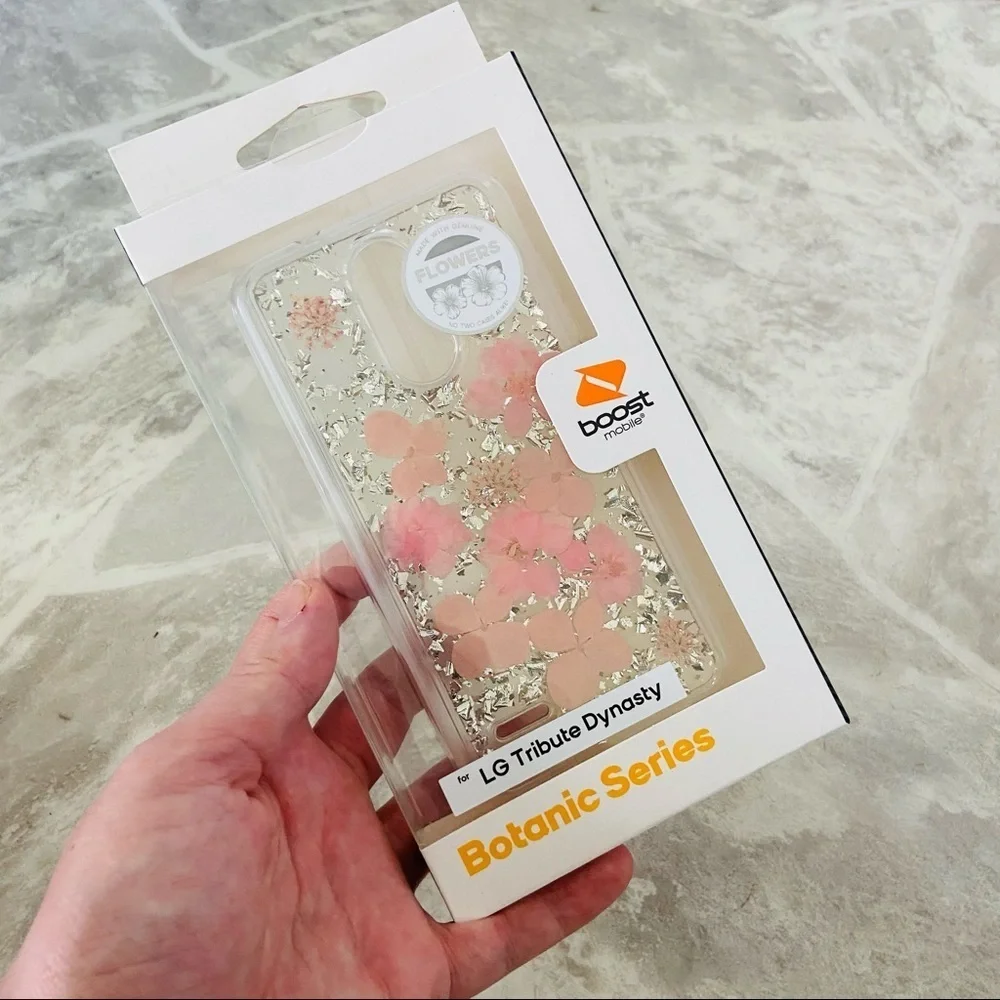 LG tribute dynasty pink silver sparkly pressed flower Botanic series phone case